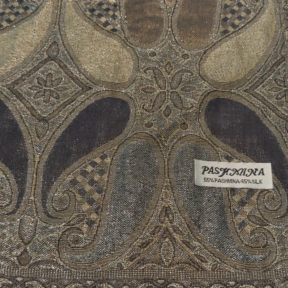 Pashmina Silk Paisley Scarf Gold Bronze Grey Metallic Jacquard Fringe Wrap Shawl - Picture 4 of 9